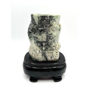 VTG Chinese Natural Dushan Jade Carved Tree House Bird Brush Vase Hand Ornament